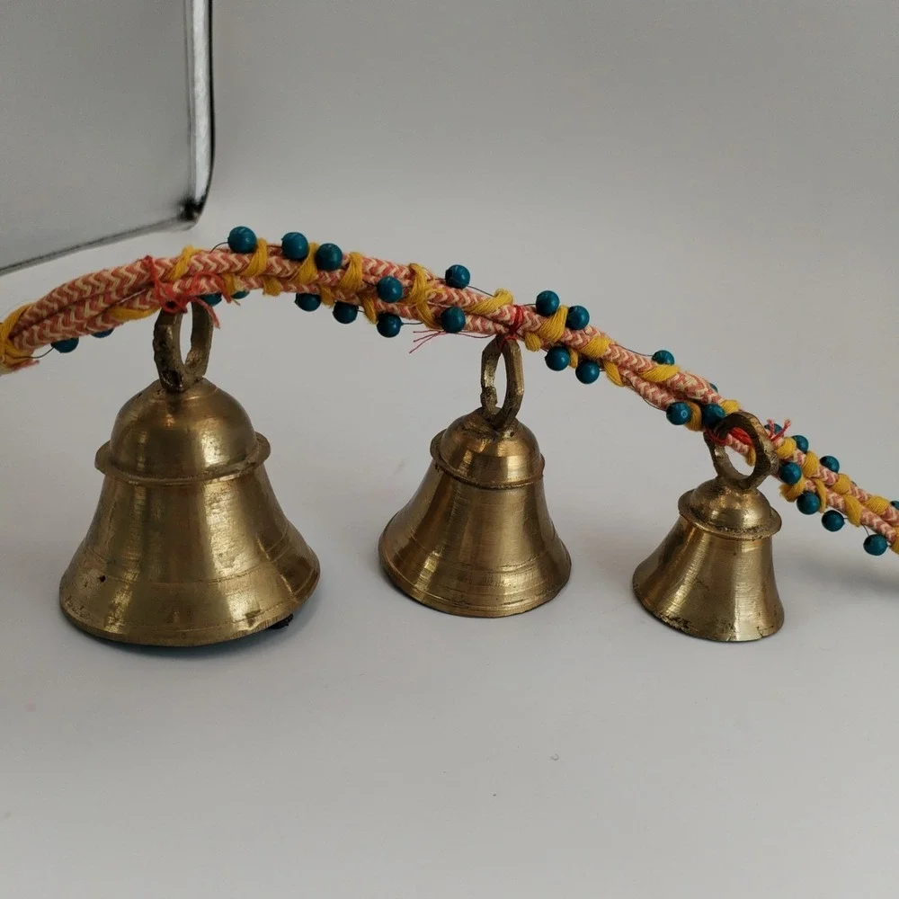 Vintage‎ India Brass Bells on Rope String of 3 Beaded Door Hanger Boho Chime Vtg